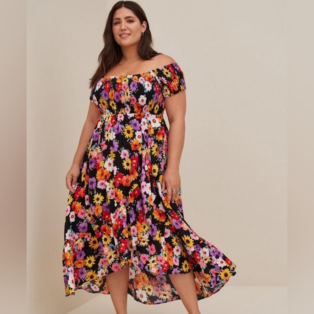 torrid Black Floral Off-Shoulder Midi Dress with Bright Blooms